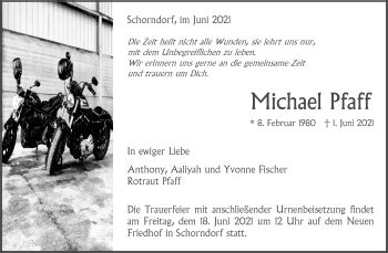 Traueranzeigen Von Michael Pfaff Zvw Trauer