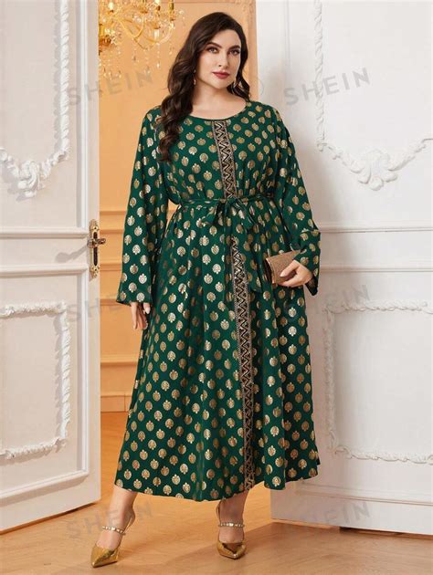 SHEIN Najma Plus Gold Foil Print And Cinched Waist Dress SHEIN USA