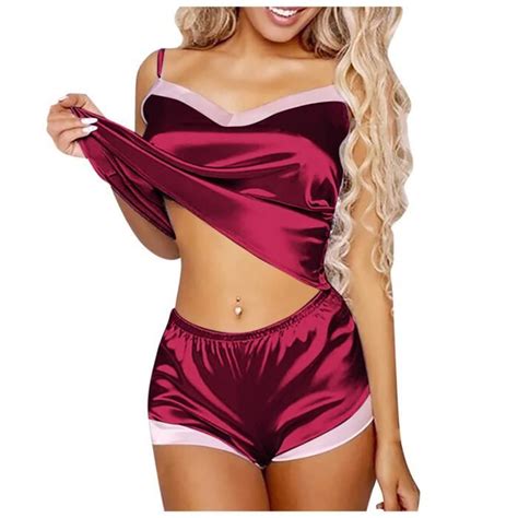 Femmes Sexy Lingerie Vêtements de nuit Satin Soie Babydoll Lace Up Nightwear Pyjamas Set