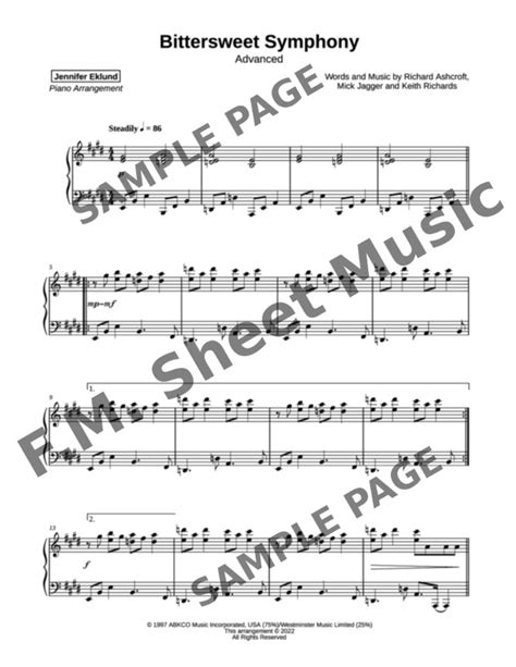 Bittersweet Symphony Advanced Piano By The Verve F M Sheet Music