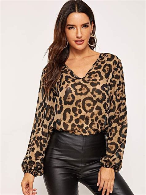 Shein Blouson Sleeve Leopard Top Leopard Print Blouse Fashion