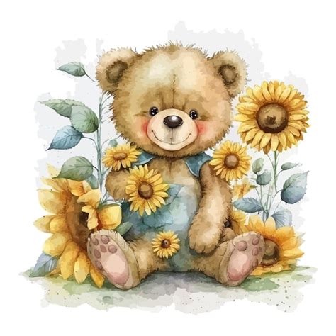 Peinture D Illustration Aquarelle D Un Ours En Peluche Avec Des Fleurs