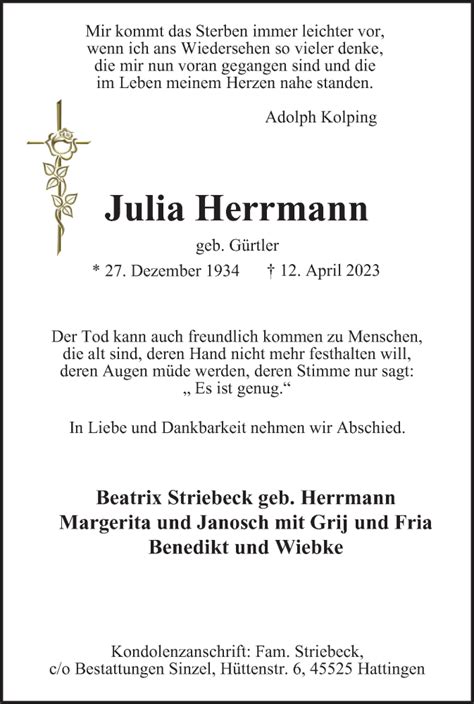 Traueranzeigen Von Julia Herrmann Trauer In Nrw De