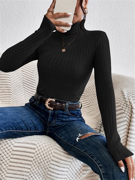 Shein Essnce Turtleneck Ribbed Knit Tee Shein Usa