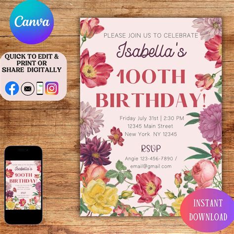 100th Birthday Party Invitation Template With Pink Flowers 100 Birthday