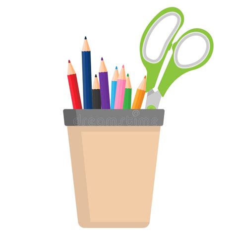 Container With Colored Pencils And Scissors Pencil Stand Cup Icon