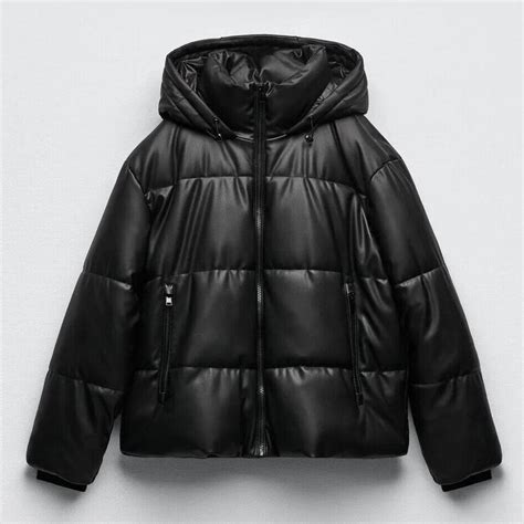 Zara Faux Leather Hooded Puffer Jacket Black Depop