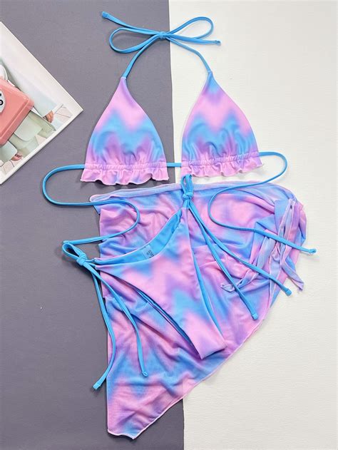 Tie Dye Three Pieces Halter Drawstring Triangle Bikini Set With Mesh