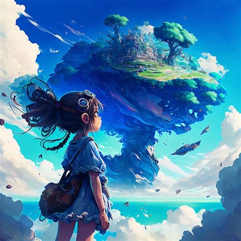 Premium Photo | Anime girl watching an island over cloud digital art