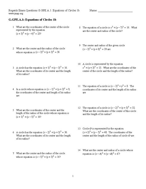 G Gpe A Key Regents Exam Questions G Gpe A Equations Of Circles B