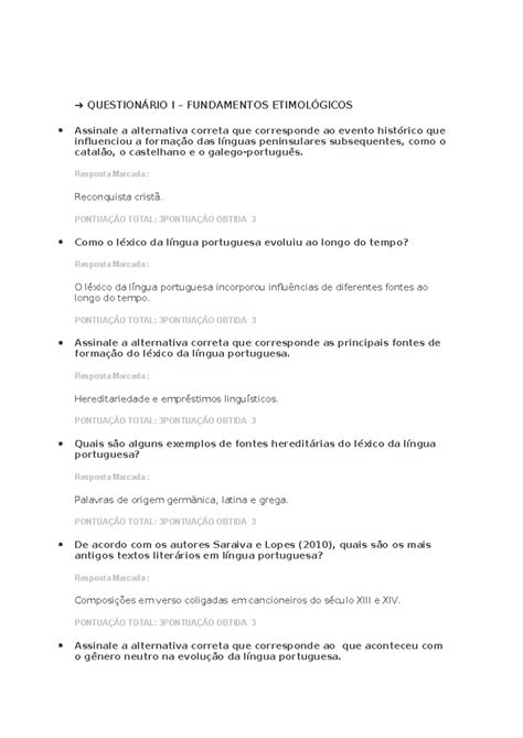 Questionário I – Fundamentos Etimológicos Faveni complemetacao ped