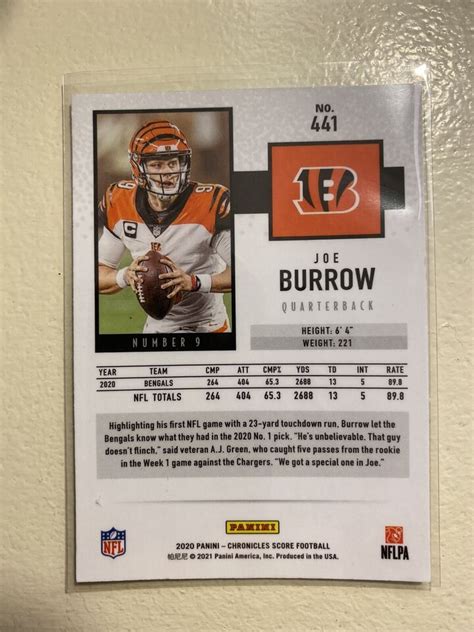 2020 Score Silver Joe Burrow Rookie RC 441 CHRONICLES Cincinnati