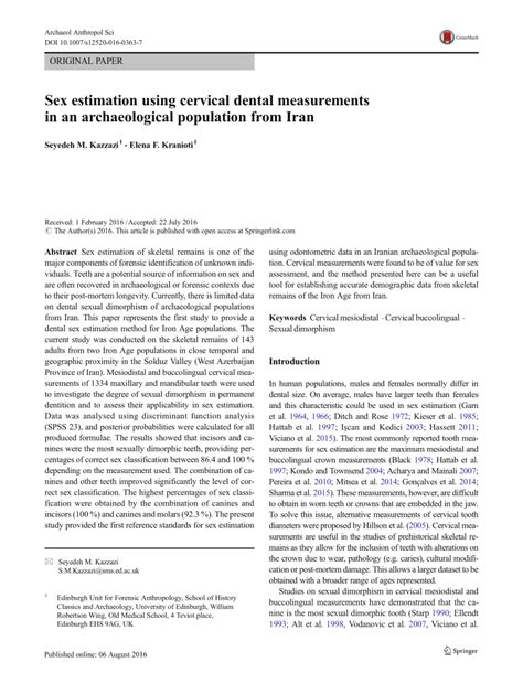 PDF Sex Estimation Using Cervical Dental Measurements In An Archaeological Population From Iran