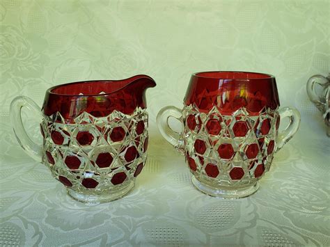 Vintage Czech Bohemian Style Cut To Clear Cranberry Glass Set Aunt Gladys Attic