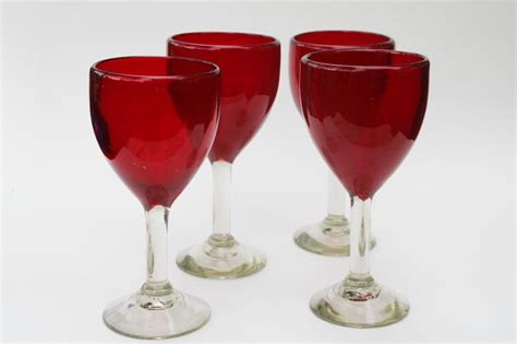 Big Chunky Boho Style Hand Blown Glass Goblets Ruby Red W Clear Stem Wine Glasses