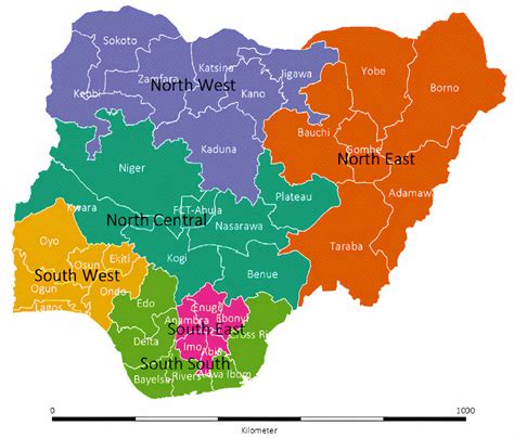 Map of Nigeria showing the 36 states, the federal capital territory, by ...