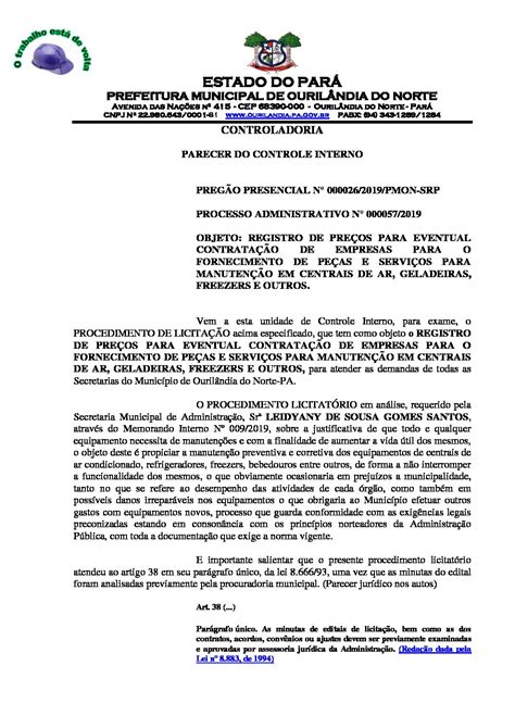 Parecer Controle Interno Prefeitura Municipal De Ouril Ndia Do Norte