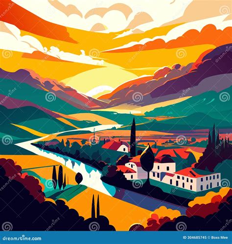 Panoramic View Of A Small Town In The Mountains At Sunset Vector