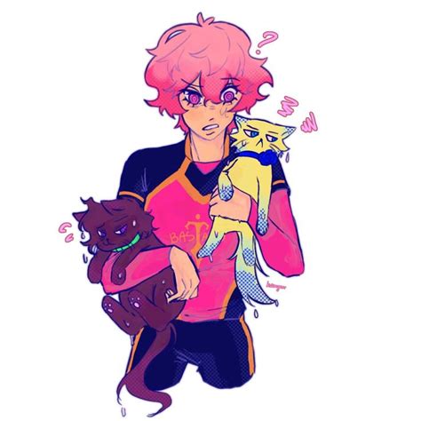 A Drawing Of A Person With Pink Hair Holding Two Cats And A Cat On His