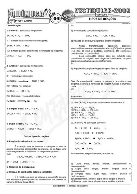 Pdf Química Pré Vestibular Impacto Reações Químicas Tipos De