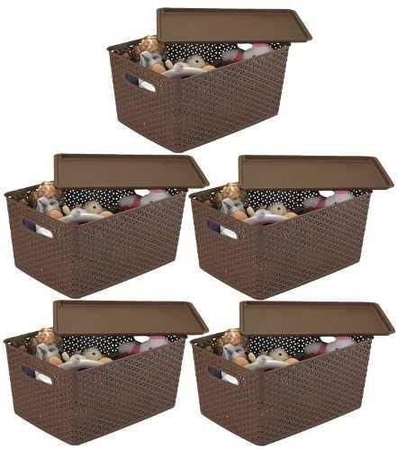 Kit Caixas Organizadoras Rattan Tampa Lisa Litros Marrom