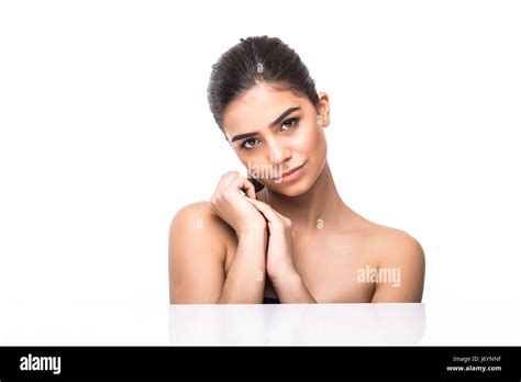 Portrait Of Beautiful Girl Stroking Her Pretty Face With Healthy Skin White Background Stock