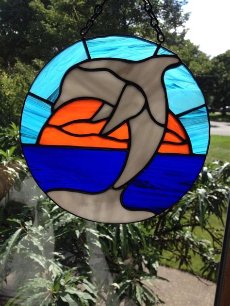 Stained Glass Dolphin Sunset Or Sunrise Ocean Water Beach Suncatcher Etsy Stained Glass