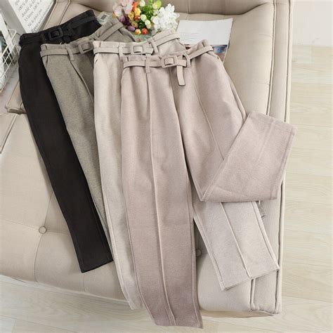 Korean Winter Wool Pants Women New High Slim Waist Belted Harem Elegant