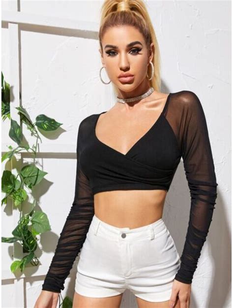 Buy Shein Surplice Neck Sheer Mesh Raglan Sleeve Crop Top Online