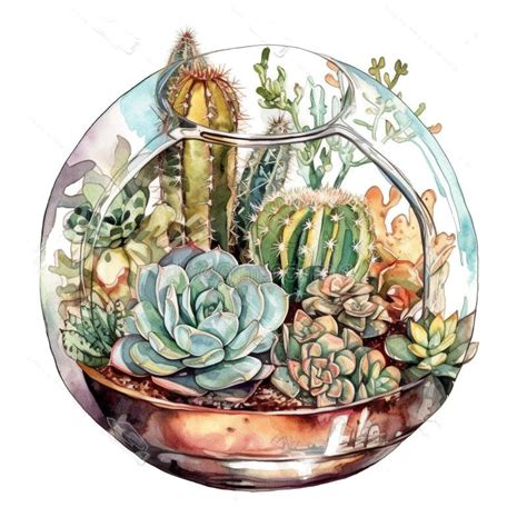 Succulent And Cactus Arrangement In Glass Vase Clip Art On White