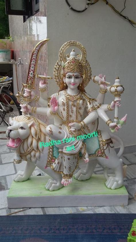 White Painted Gold Plated Marble Durga Moorti For Worship Size Ft