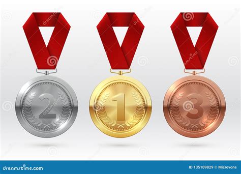 Sports Medals Golden Silver Bronze Medal With Red Ribbon Stock Vector