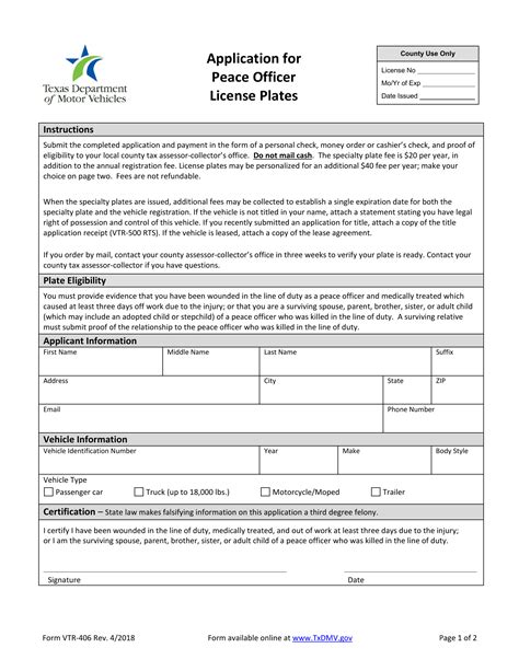 Form VTR 406 Application For Peace Officer License Plates Texas