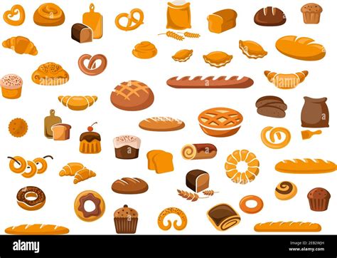 Iconos De Productos De Panadería Y Pastelería Con Diferentes Tipos De Pan Bollos Dulces