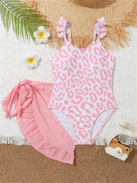 Tween Girl Leopard Print Ruffle Trim One Piece Swimsuit With Beach