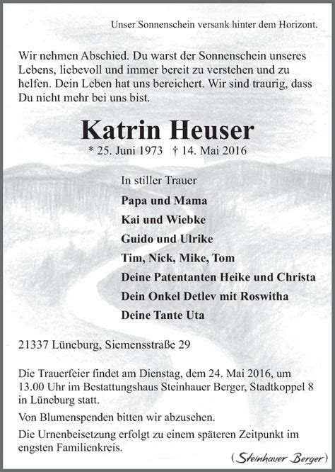 Traueranzeigen Von Katrin Heuser Trauer L Neburg De