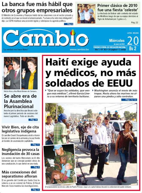 Periódico Cambio Bolivia Periódicos De Bolivia Edición De Miércoles 20 De Enero De 2010