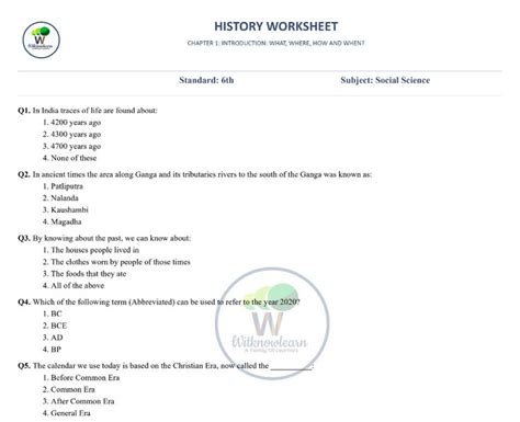 What Where How And When Class History Worksheet With Answer Ncert