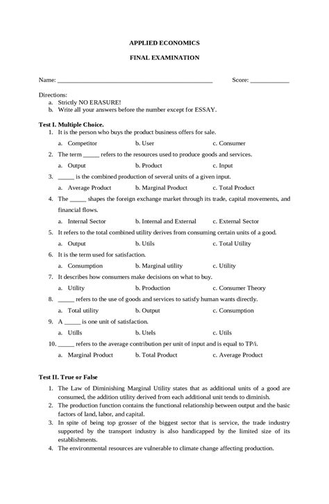 Applied Economics Final Examination Exercises Economics Docsity