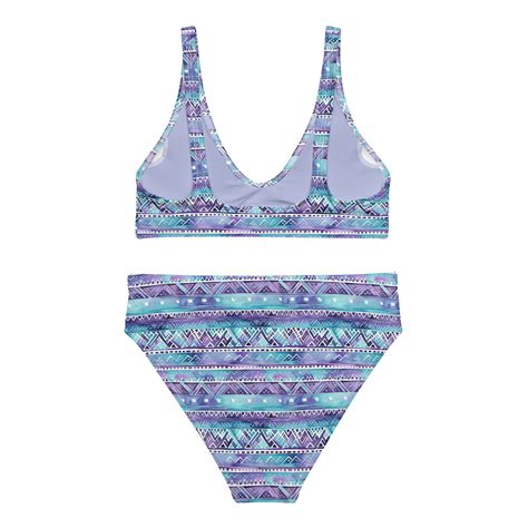 Boho Tribal Print High Waisted Two Piece Bikini Set Blue Womens Minimal Swimwear UV Sun