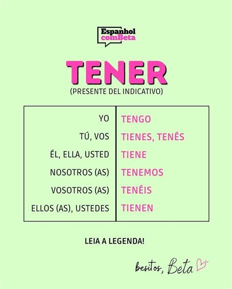 A Poster With The Words Tener In Spanish And English On It As Well As An