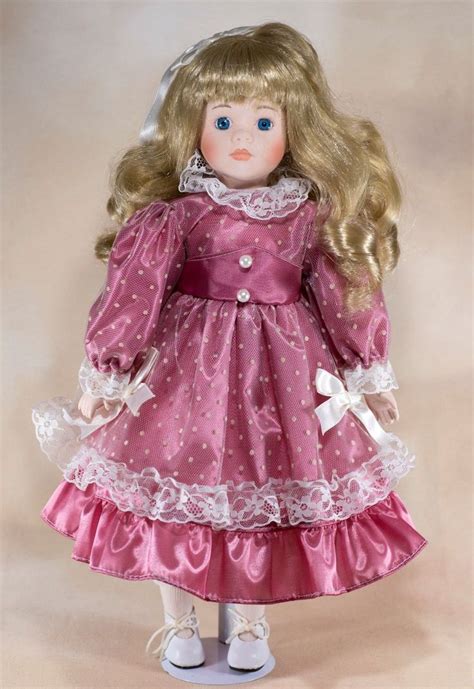 Collectors Porcelain Girl Doll 16 Blond Hair Blue Eyes Pink Dress • 1099 Blue Hair Girl