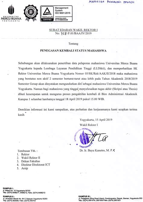 Surat Edaran Wr Penegasan Kembali Status Mahasiswa Magister