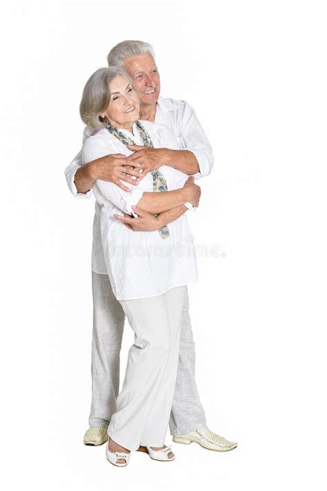 Senior Couple Hugging Isolated On White Background Full Length Stock