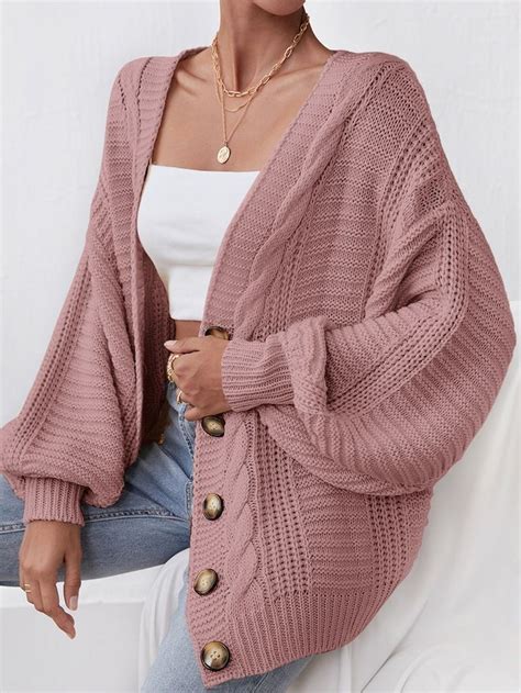 Button Front Bishop Sleeve Cable Knit Cardigan Cable Knit Cardigan