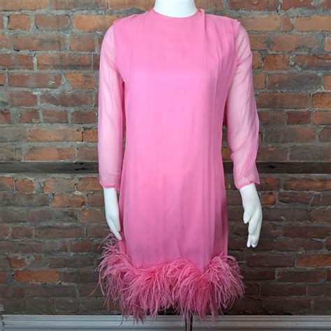 Vintage Pink Chiffon Dress Ostrich Trim Sheer Sleeves Gem