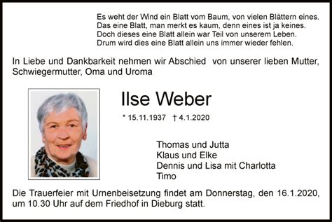 Traueranzeigen Von Ilse Weber Trauer Op Online De