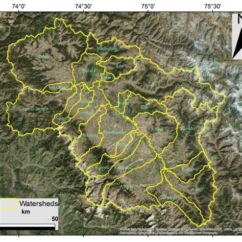 Map showing the watersheds of river Jhelum and its tributaries in ...