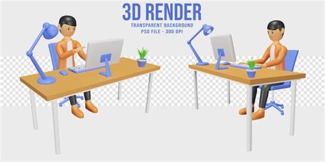 Ilustração 3d fofa de funcionário de escritório trabalhando