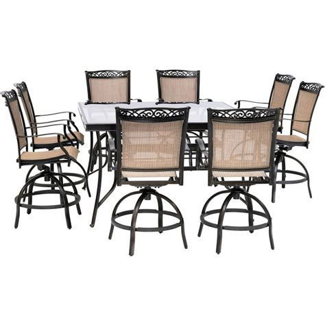 Hanover Fontana 9 Piece Counter Height Outdoor Dining Set With 8 Sling Swivel Chairs And A 60 In